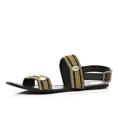 Black bead embellished chunky strap sandals