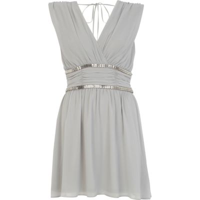 Grey embellished ruched waist dress