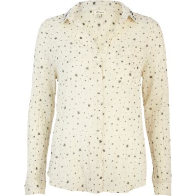 Cream star print embellished collar shirt