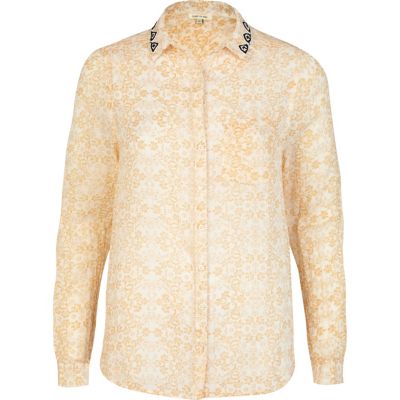 Orange floral print embellished collar shirt