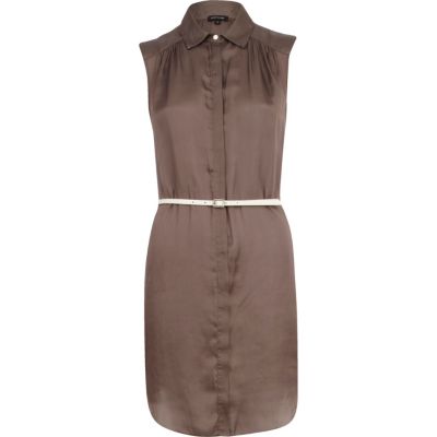 Khaki satin sleeveless belted shirt dress