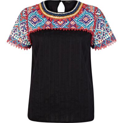 Black printed colour block pom pom top