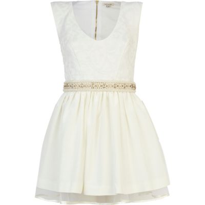 Cream jacquard prom dress