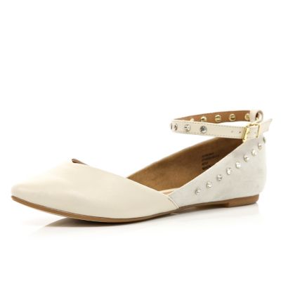 White diamante ankle strap ballet pumps