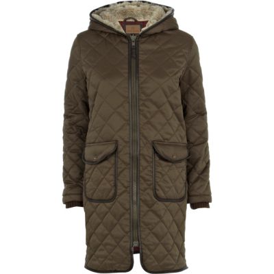 Khaki quilted long utility jacket