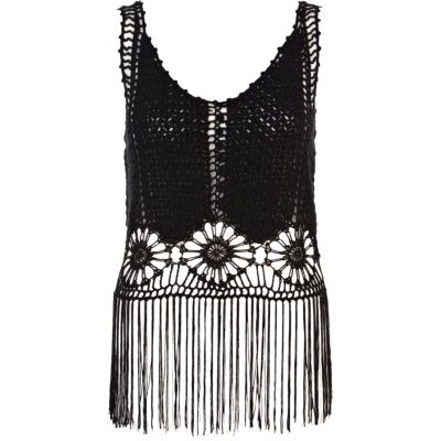 Black crochet fringed crop top