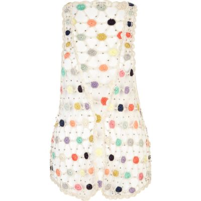 White multicoloured crochet circle waistcoat