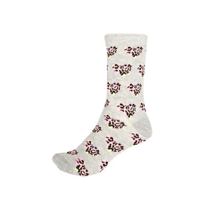 Grey fluro leopard print heart ankle socks