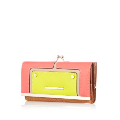 Pink and lime contrast panel clip top purse