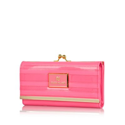 Pink neon patent stripe clip top purse