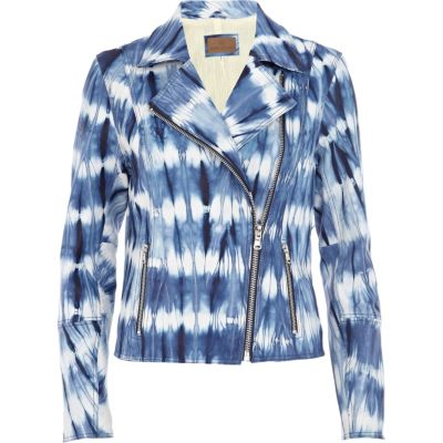 Blue tie dye leather biker jacket