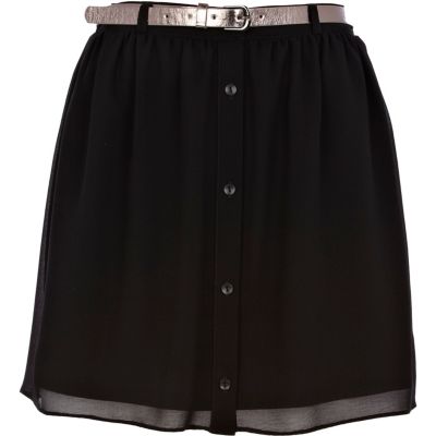 Black button through belted mini skirt