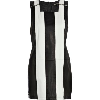 Black leather striped shift dress