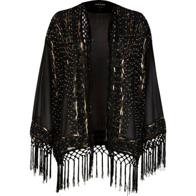Black embellished tassel kimono