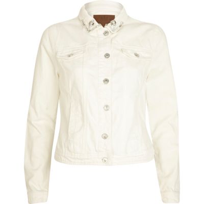Cream diamante collar denim jacket