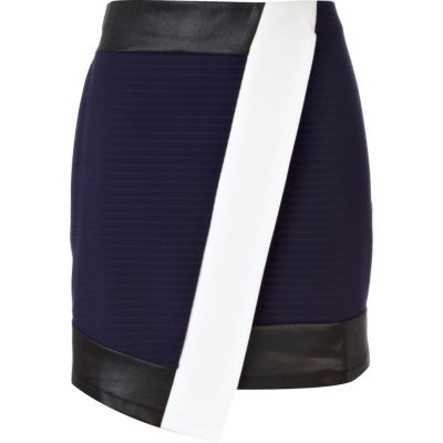 Navy contrast panel wrap mini skirt