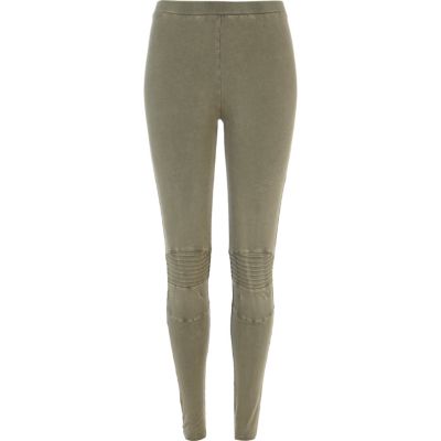 Khaki acid wash motorcycle leggings