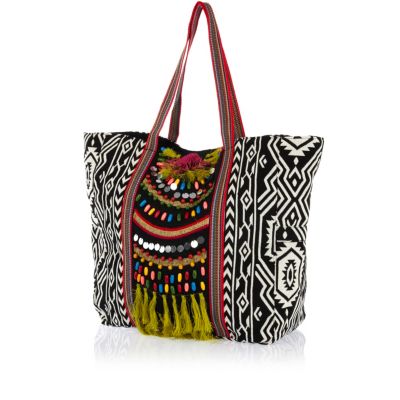 Black tribal print embellished tote bag