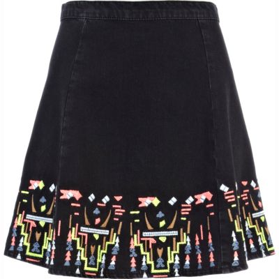 Black fluro embroidered skater skirt
