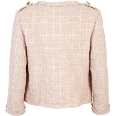 Pink boucle stud cropped military jacket 