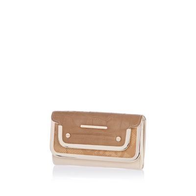 Beige contrast panel metal bar purse