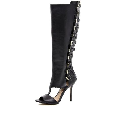 Black high leg cut out buckle sandals