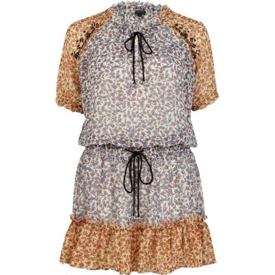 Blue ditsy print colour block smock dress