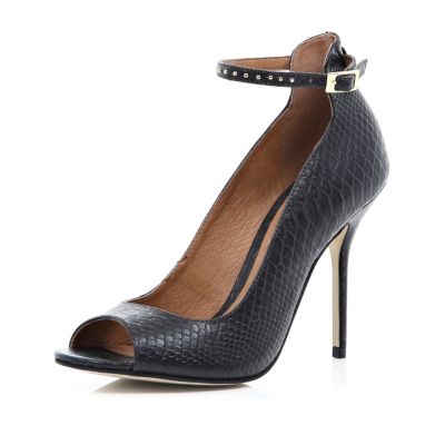 Black snake ankle strap peep toe stilettos