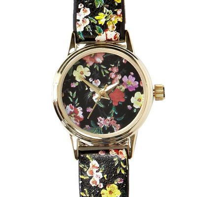 Black floral print round watch