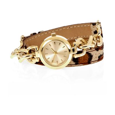 Gold tone leopard print chain wrap watch