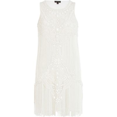 White bead embellished fringed shift dress