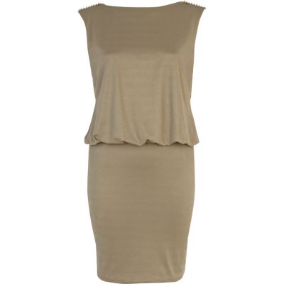 Khaki draped stud back mini dress