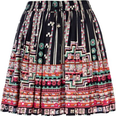Black aztec print mirror embellished skirt