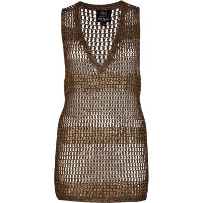 Khaki chain mail embellished stripe tunic