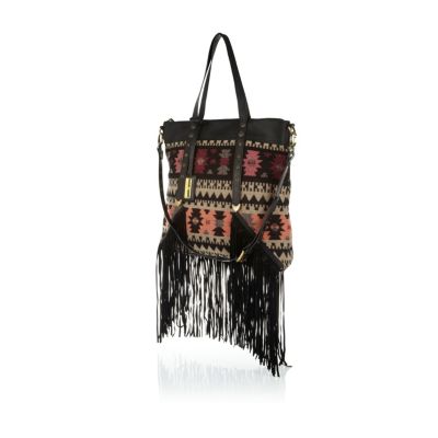 Black aztec woven fringed tote bag 