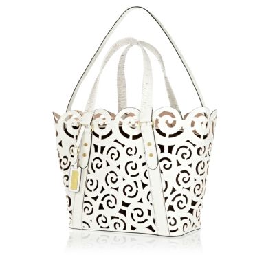 White leather laser cut tote bag