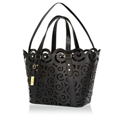 Black leather laser cut tote bag