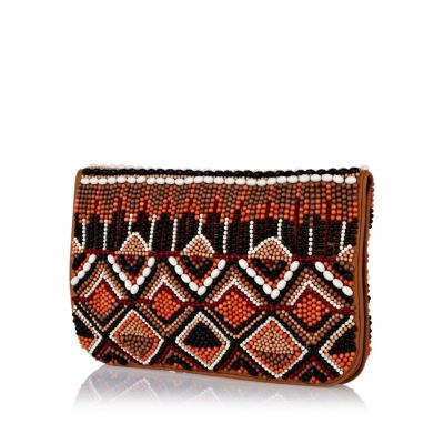 Beige leather aztec embellished clutch bag