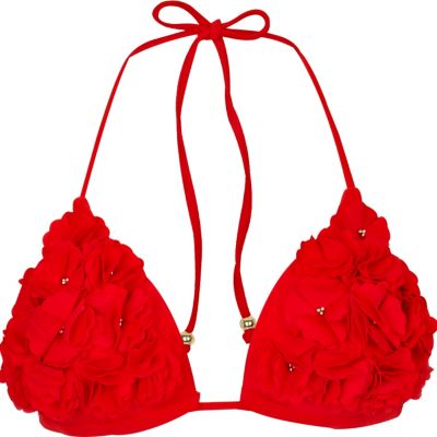Red 3D poppy embellished bikini top