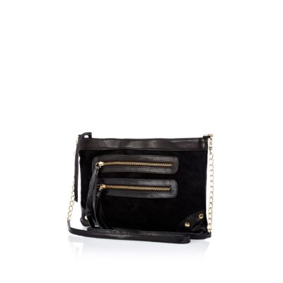 Black suede double pocket cross body bag 