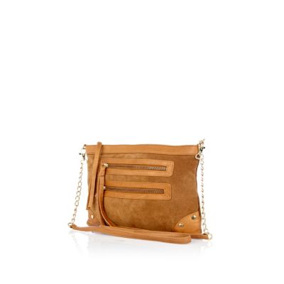 Beige suede double pocket cross body bag