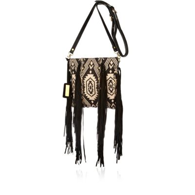 Black aztec woven fringed cross body bag 
