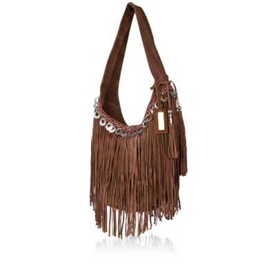 Brown suede coin fringed slouch bag