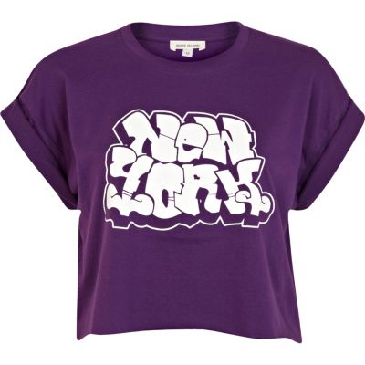 Purple New York graffiti cropped t-shirt