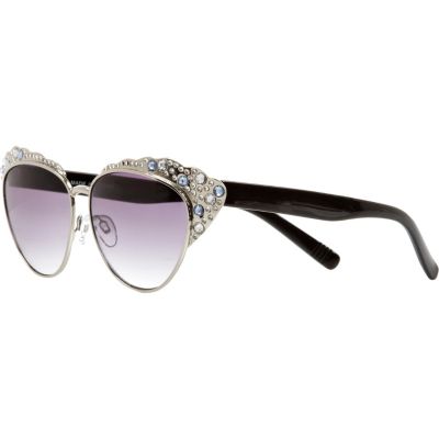 Silver tone embellished cat eye sunglasses