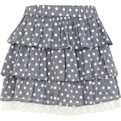 Light blue polka dot tiered skirt 