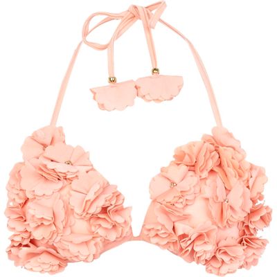Coral 3D poppy embellished bikini top
