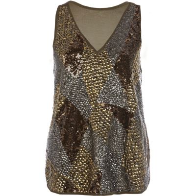 Khaki metallic embellished vest
