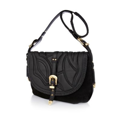 Black leather embossed oversized satchel