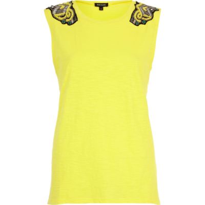 Yellow sequin shoulder embellished tank top